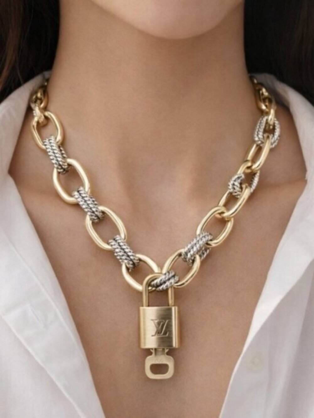 Authentic Louis Vuitton Gold Padlock w/ Unbranded Fashion Geometry Necklace